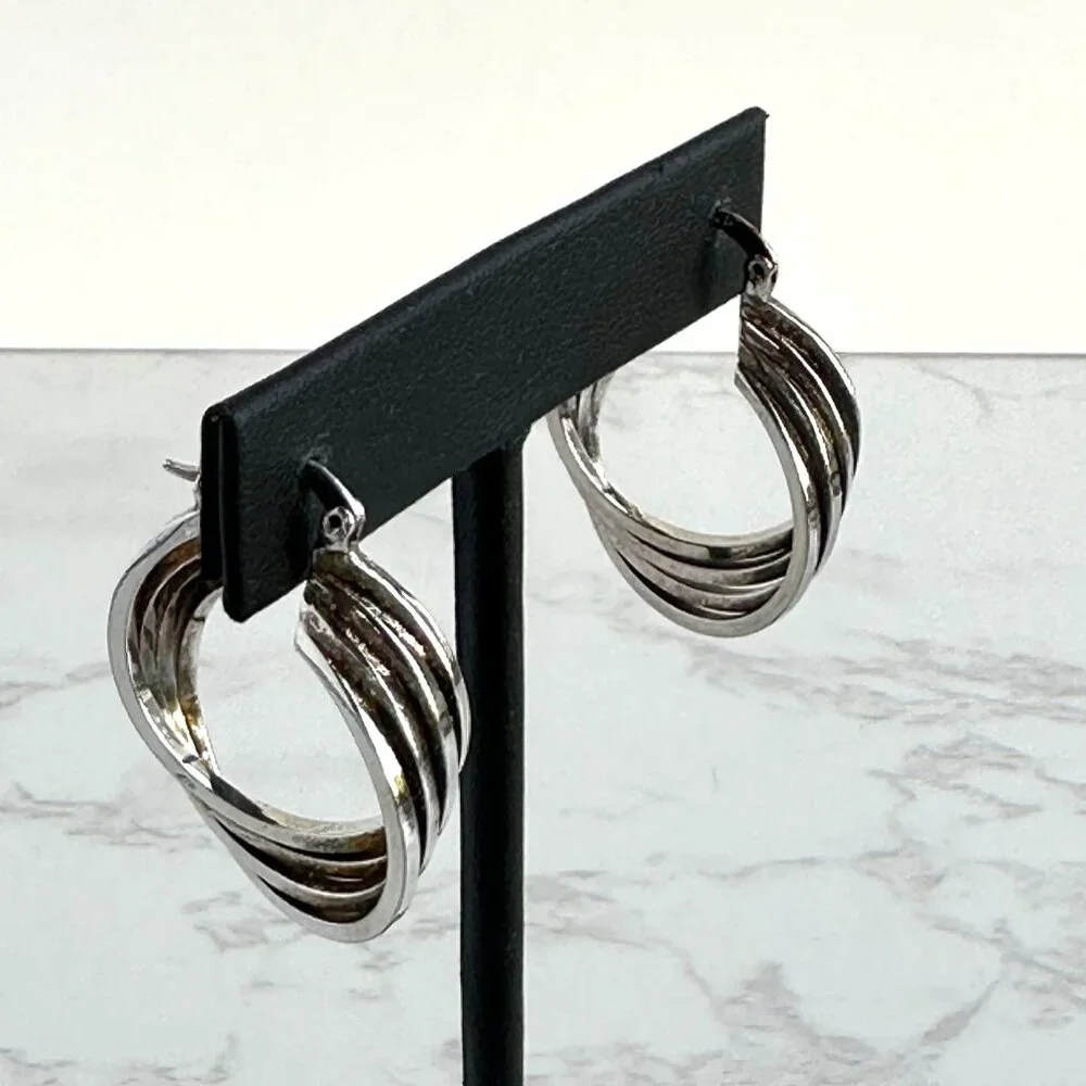 925 Silver Sculptural Hoops, Wave Design, 1" - Picture 6 of 8